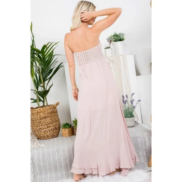 Nude Pink Scallop Crochet Lace Bust Strapless Tube Tiered Skirt Maxi Long Dress - Picture 4 of 6